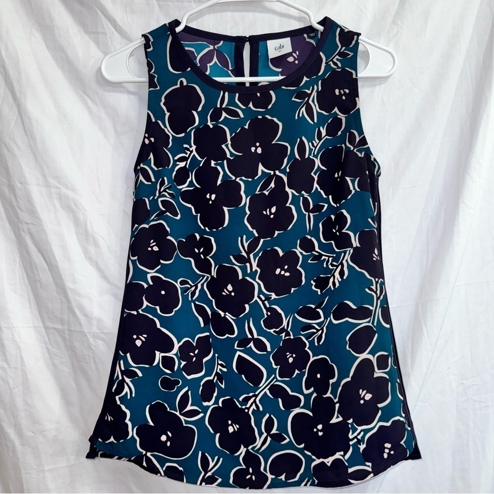 Cabi #3087 Warhol Teal & Purple Floral Print Sleeveless Tank Blouse Top size XS